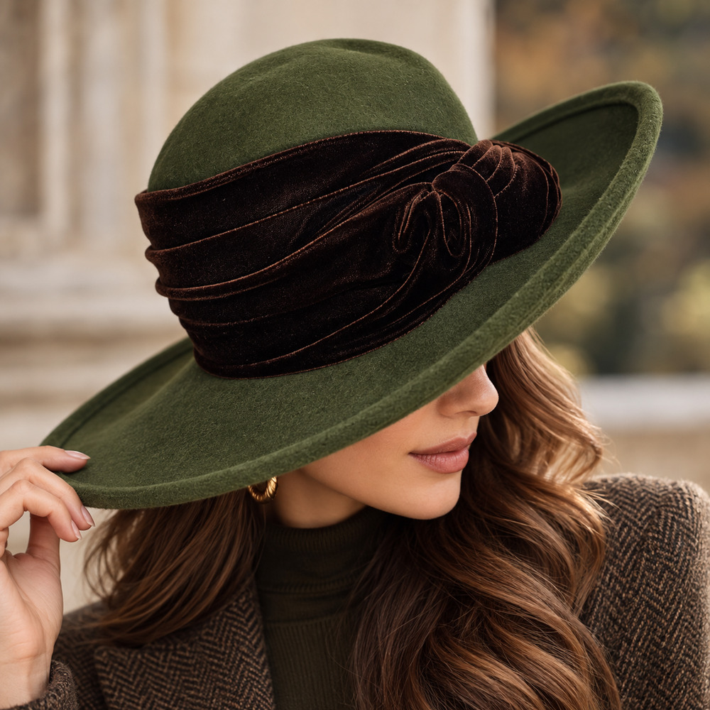 Eric Javits Olive Green Wide Brim Felt Hat Brown Velvet Band Vintage